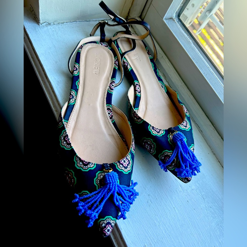 Blue J.Crew Silk Foulard Flats w/ Beaded Tassels and Leather Ankle Straps